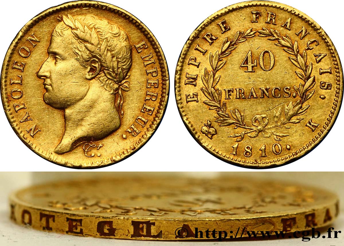 40 francs or Napoléon tête laurée, Empire français, Tranche Fautée 1810 Bordeaux F.541/4 TTB50 
