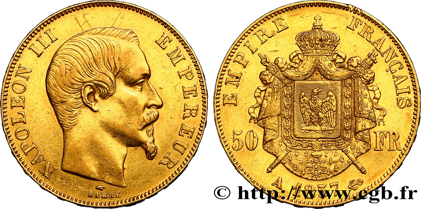 50 francs or Napoléon III, tête nue 1857 Paris F.547/4 XF48 