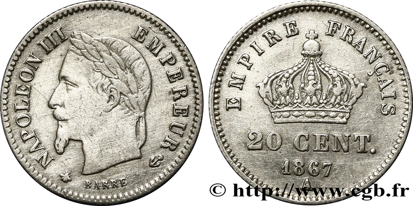 20 centimes Napoléon III, tête laurée, grand module 1867 Paris F.150/1 TTB40 