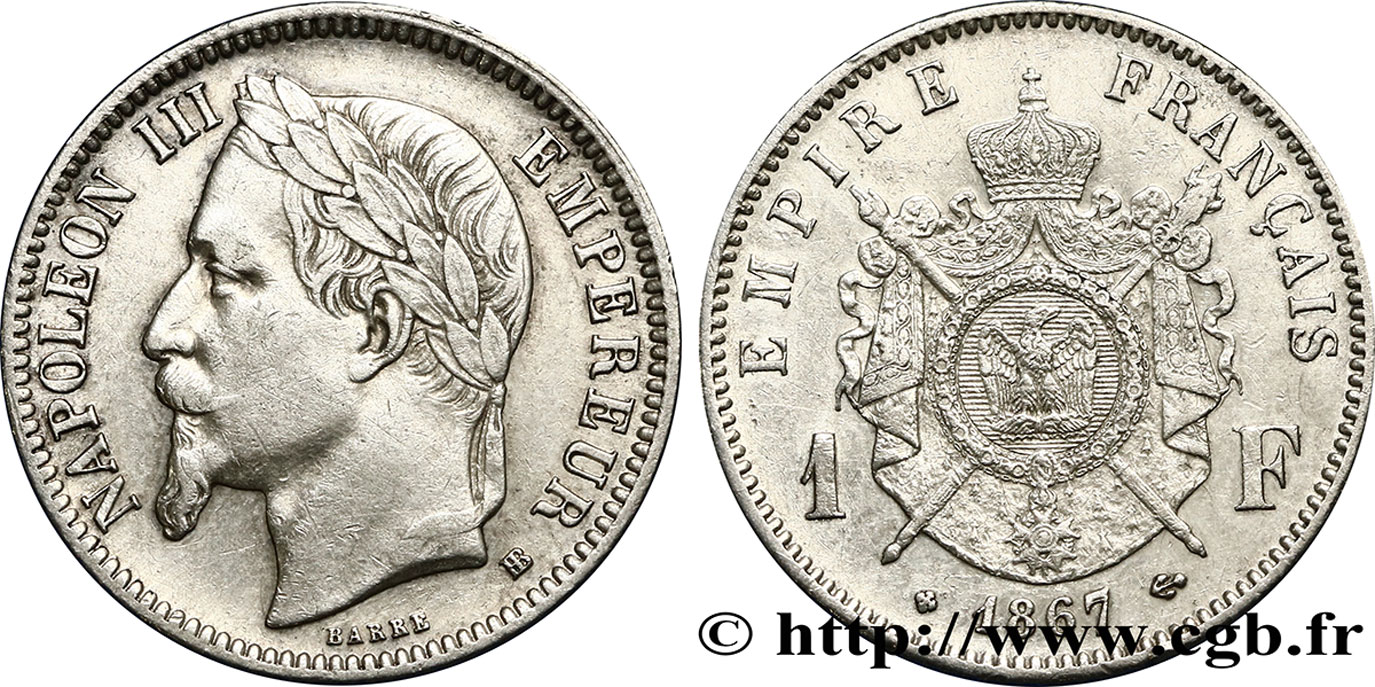 1 franc Napoléon III, tête laurée 1867 Strasbourg F.215/7 TTB45