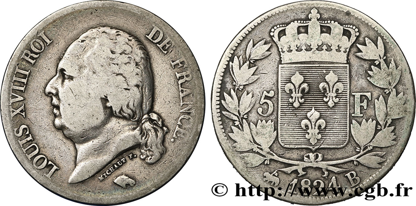 5 francs Louis XVIII, tête nue 1824 Rouen F.309/89 TB15 