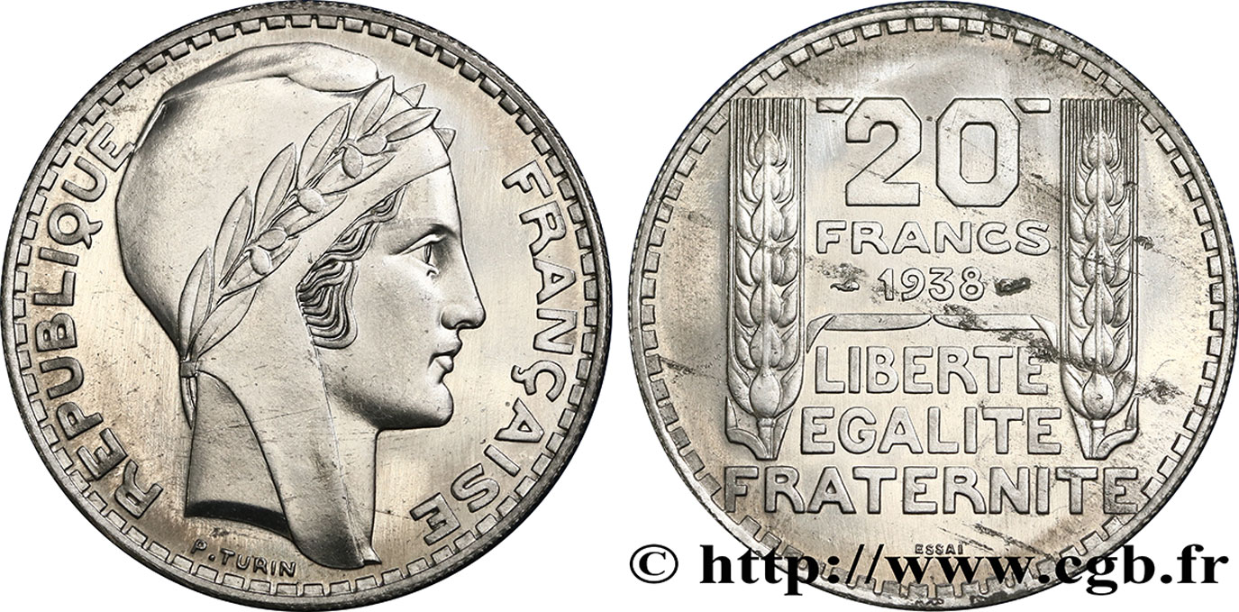 Préparation de la 20 francs Pétain, type Turin, essai en aluminium, tranche striée, 4 g 1938 Paris GEM.200  6 fST 