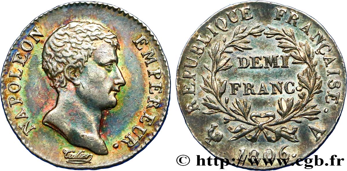 Demi-franc Napoléon Empereur, Calendrier grégorien 1806 Paris F.175/1 VZ58 