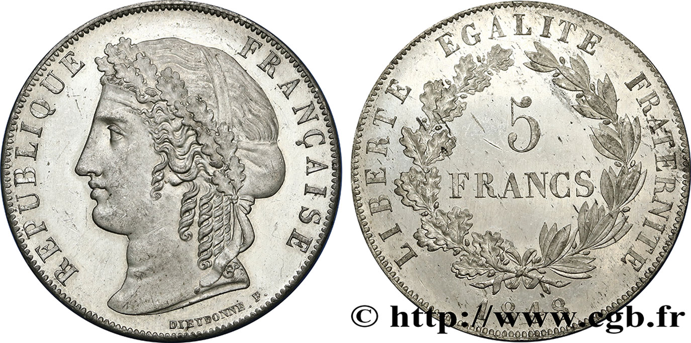 Concours de 5 francs, essai de Dieudonné 1848 Paris VG.3069 var. SUP60 