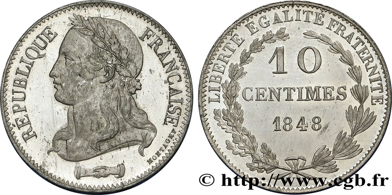 Concours de 10 centimes, essai en étain par Montagny, deuxième revers, effigie au col nu 1848 Paris VG.3147 var. MS60 