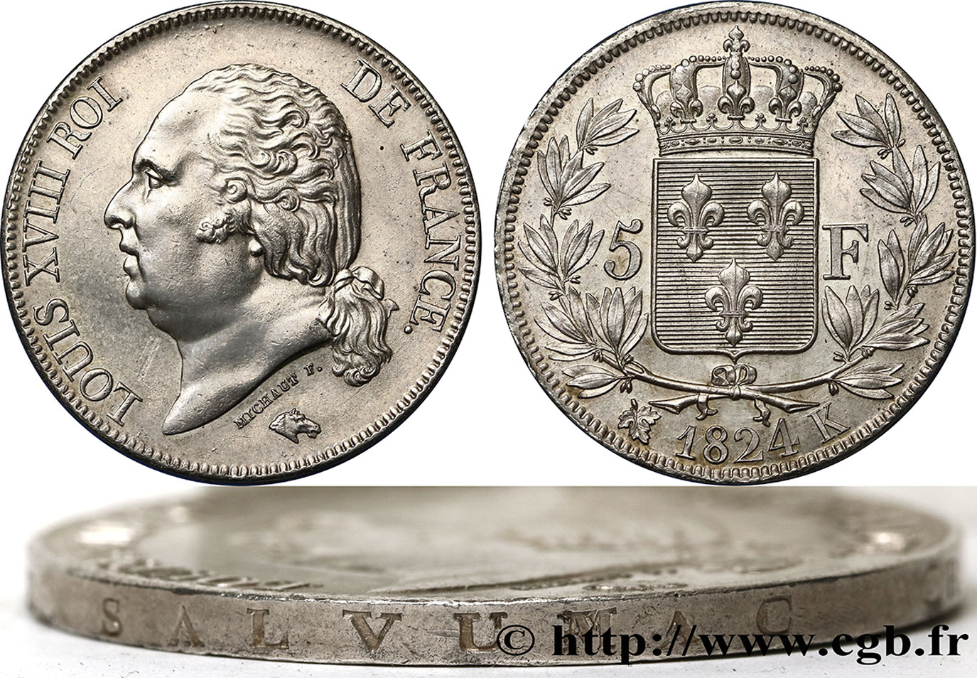 5 francs Louis XVIII, tête nue, Tranche Fautée 1824 Bordeaux F.309/93 SUP62 