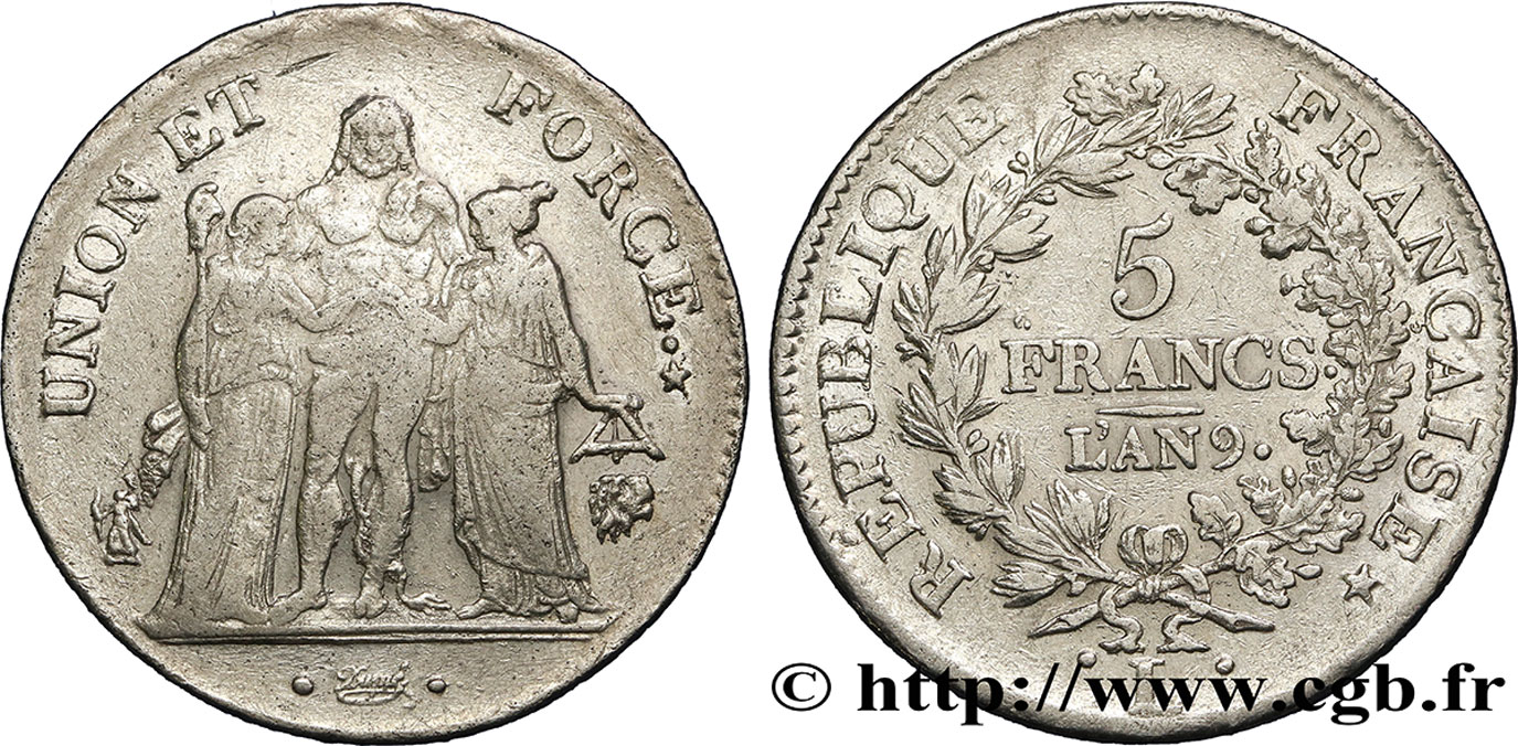 5 francs Union et Force, Union serré, avec glands intérieurs et gland extérieur 1801 Bayonne F.288/161 BC35 