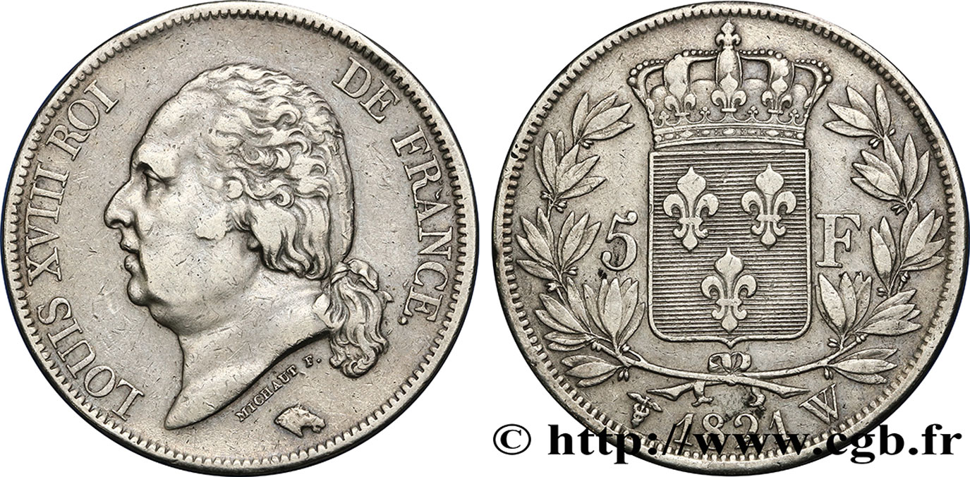 5 francs Louis XVIII, tête nue 1821 Lille F.309/67 VF35 