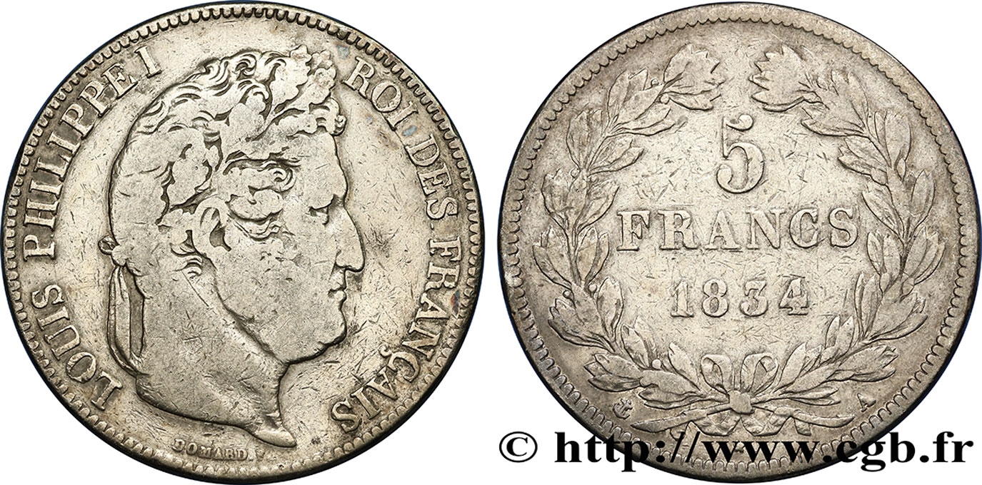 5 francs IIe type Domard 1834 Paris F.324/29 MB15 