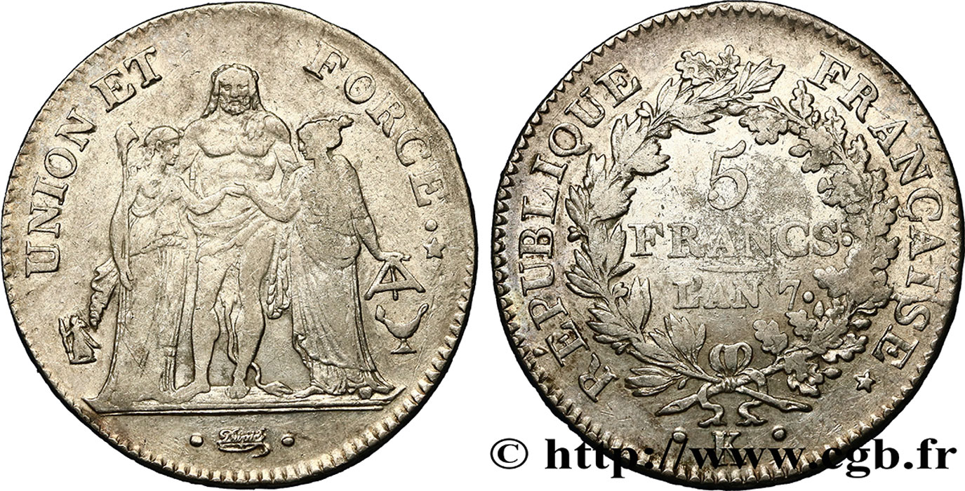 5 francs Union et Force, Union serré, avec glands intérieurs et gland extérieur 1799 Bordeaux F.288/108 TB38 