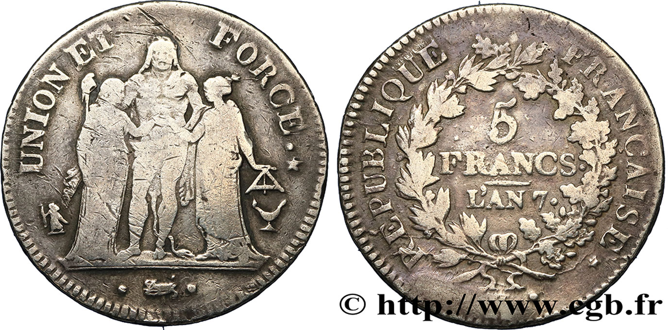 5 francs Union et Force, Union serré, seulement gland extérieur, petite feuille 1799 Bordeaux F.288/109 F15 