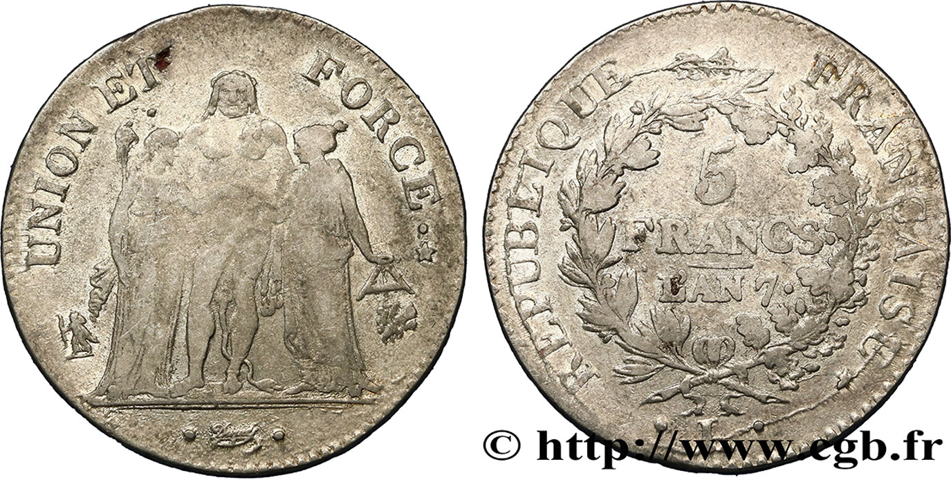 5 francs Union et Force, Union serré, seulement gland extérieur 1799 Bayonne F.288/112 BC20 