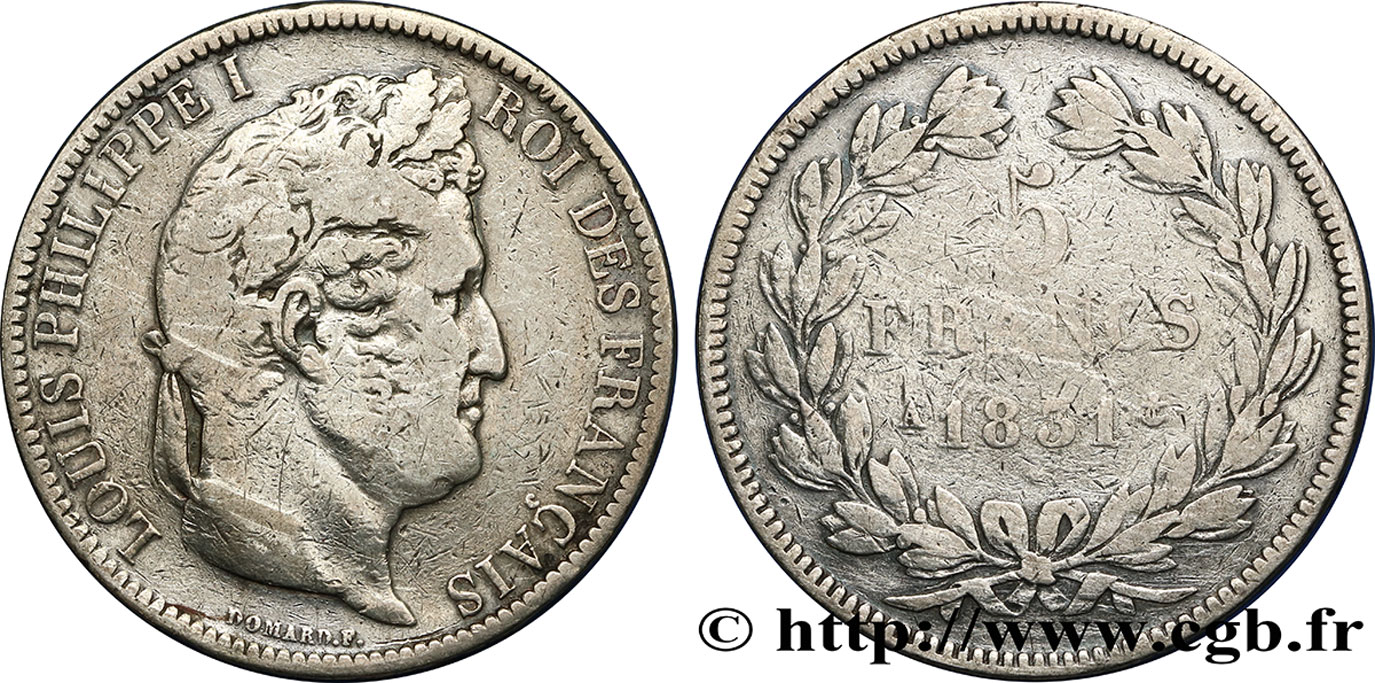 5 francs Ier type Domard, tranche en relief 1831 Paris F.320/1 S 