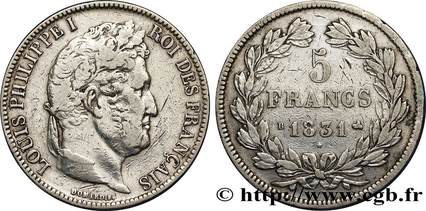5 francs Ier type Domard, tranche en relief 1831 Rouen F.320/2 q.BB 