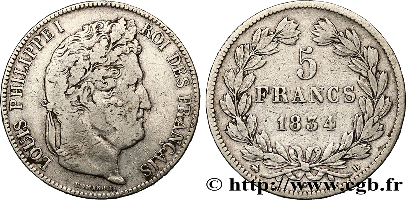 5 francs IIe type Domard 1834 Rouen F.324/30 VF25 