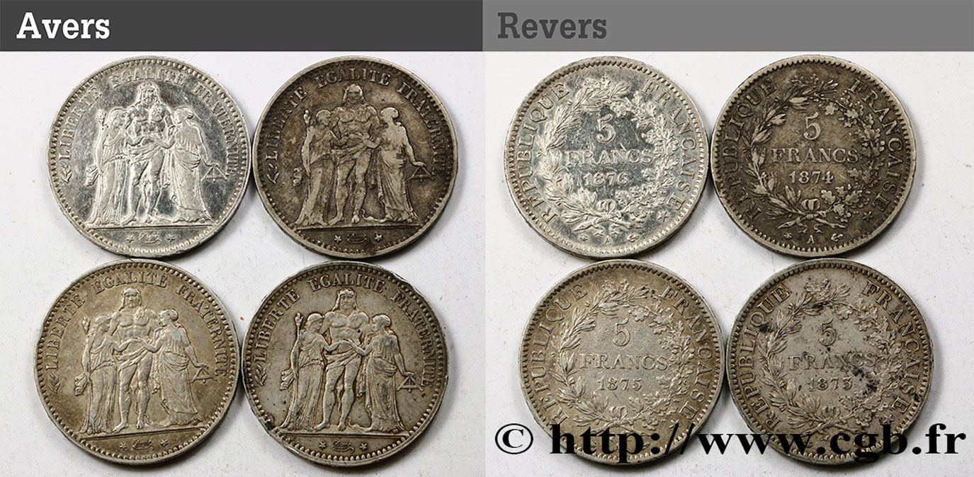 Lot de quatre pièces de 5 francs Hercule 1873 à 1876 n.d. Paris F.334/9, 12, 14 et 17 MB 