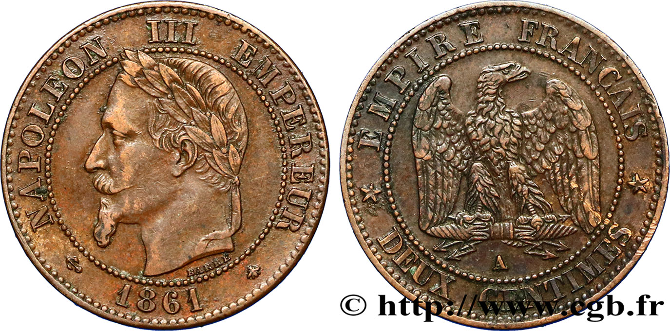 Deux centimes Napoléon III, tête laurée 1861 Paris F.108A/1 BB48 