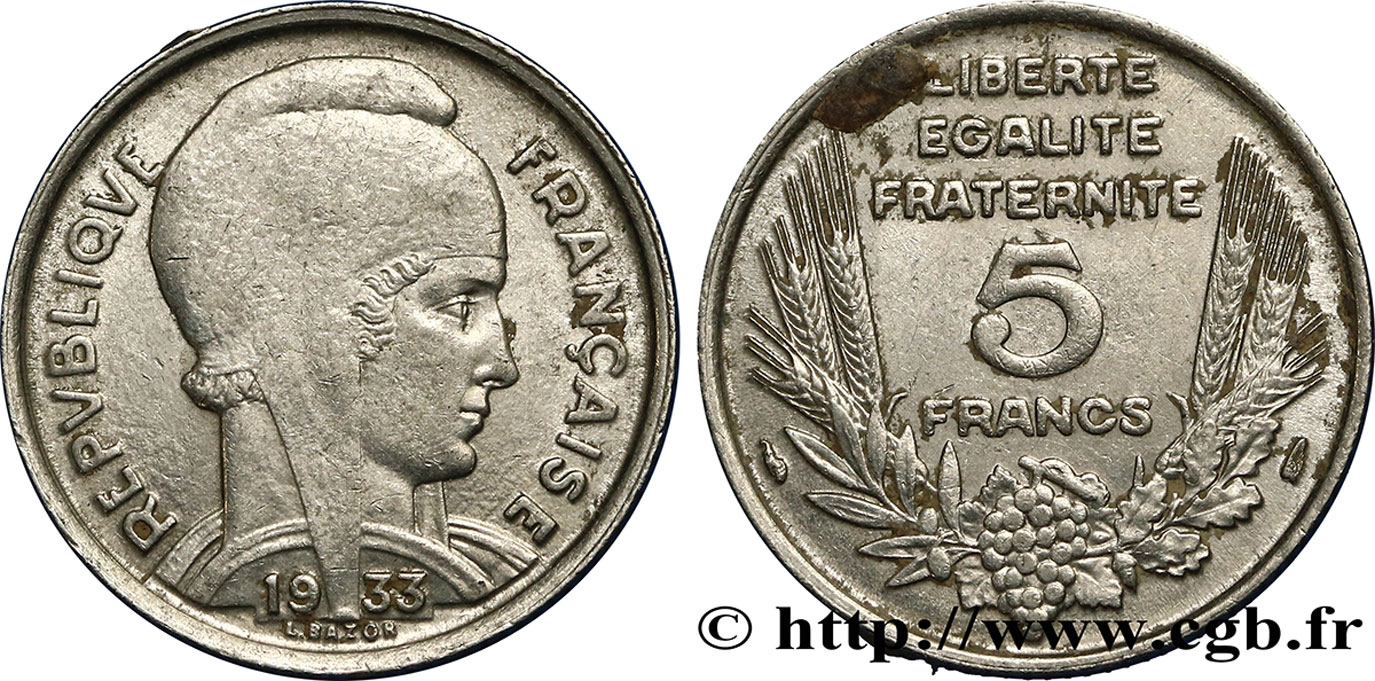 5 francs Bazor 1933  F.335/3 XF45 