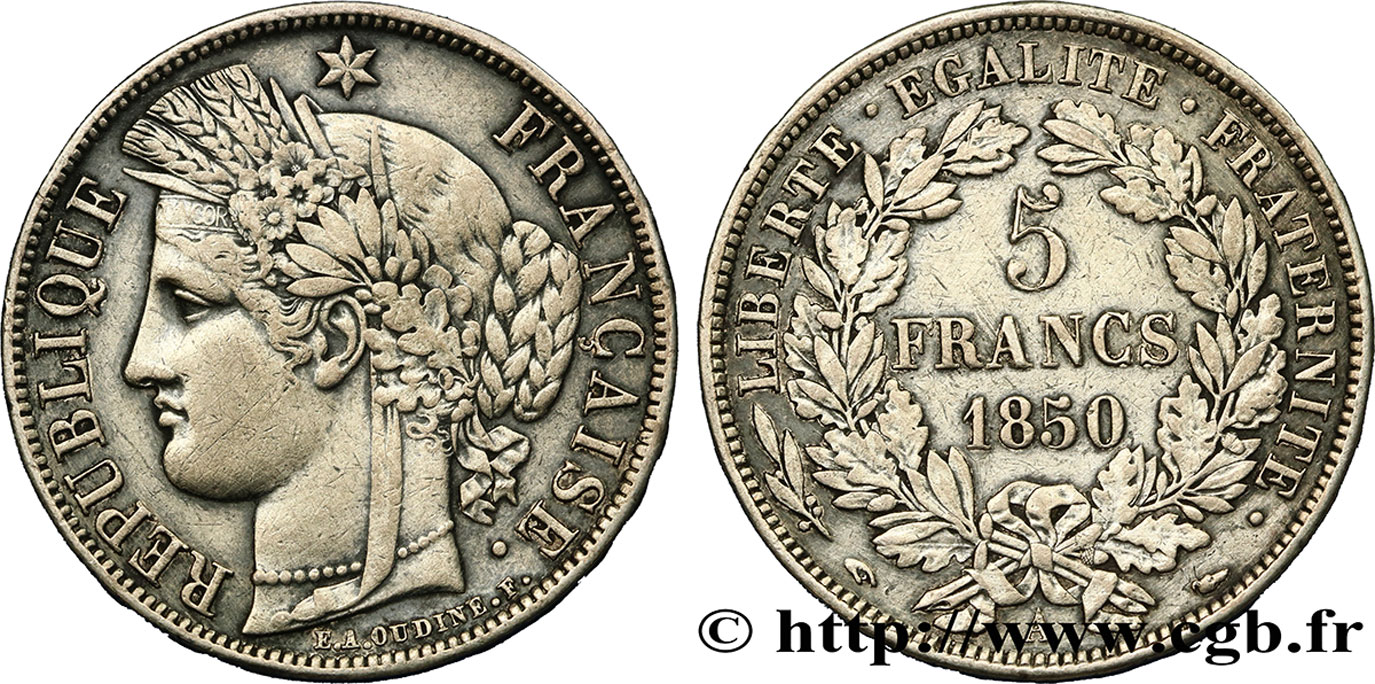 5 francs Cérès, IIe République 1850 Paris F.327/4 SS 