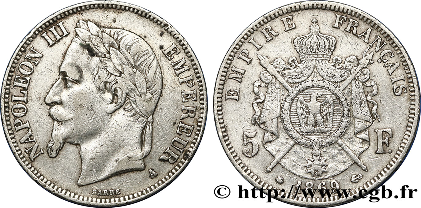 5 francs Napoléon III, tête laurée 1869 Paris F.331/14 S 