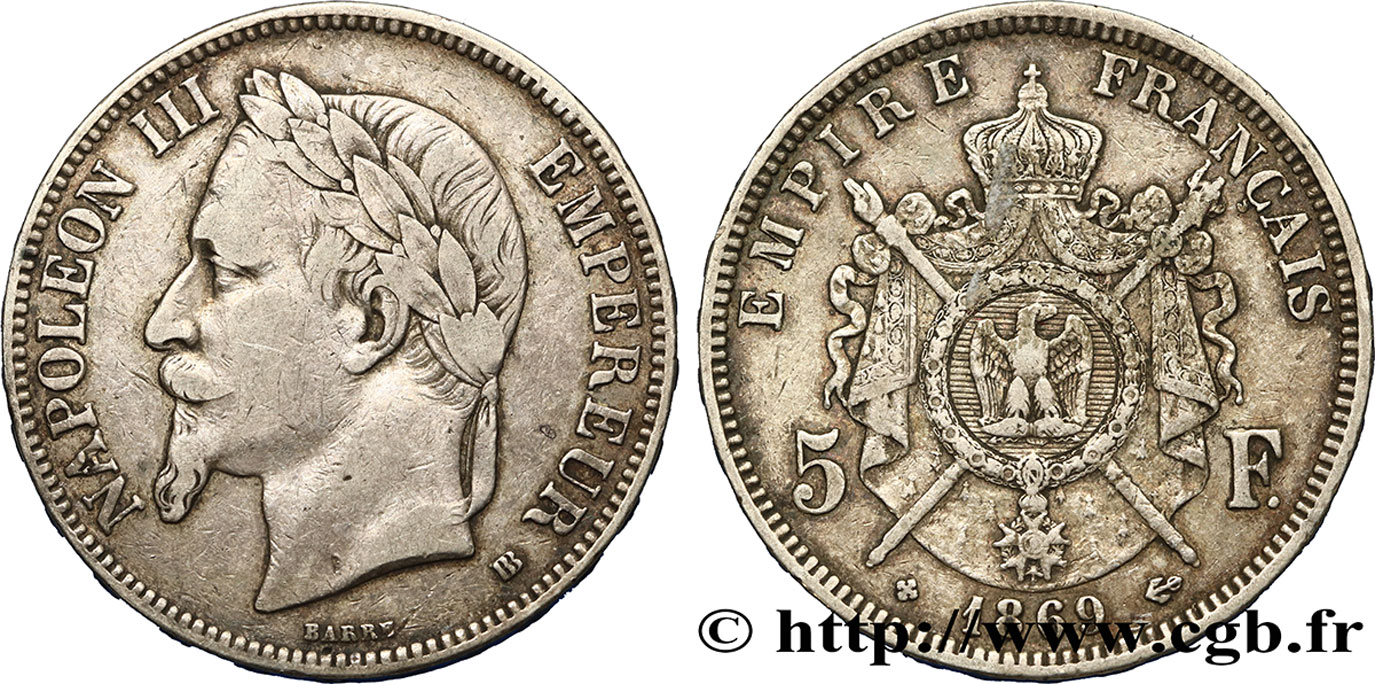 5 francs Napoléon III, tête laurée 1869 Strasbourg F.331/15 VF 