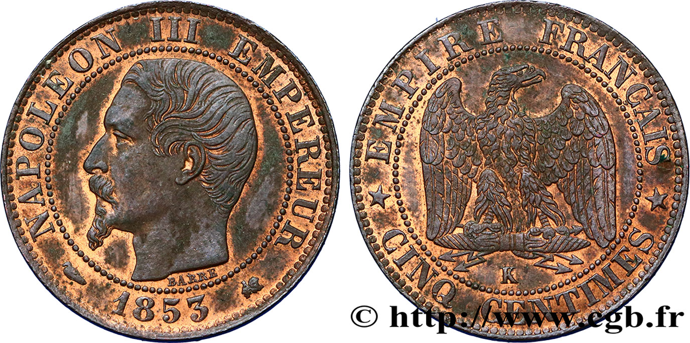 Cinq centimes Napoléon III, tête nue 1853 Bordeaux F.116/5 SUP58