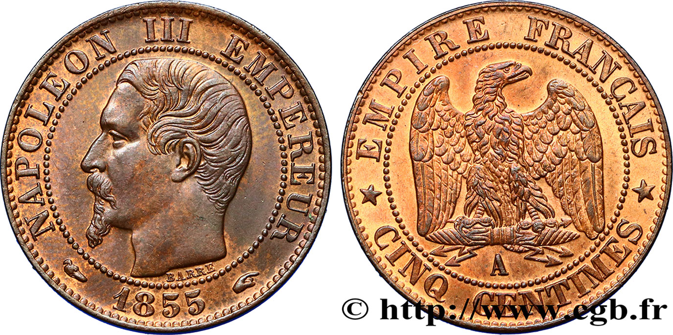 Cinq centimes Napoléon III, tête nue 1855 Paris F.116/16 MS64 