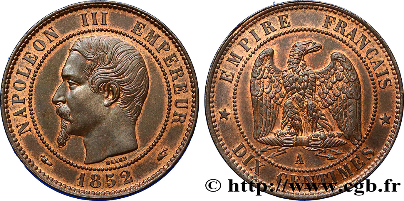 Dix centimes Napoléon III, tête nue 1852 Paris F.133/1 SUP62