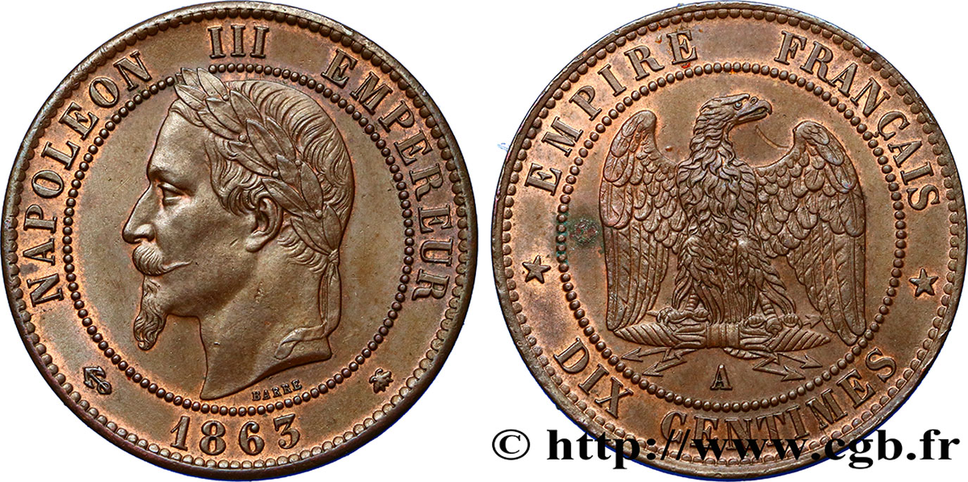 Dix centimes Napoléon III, tête laurée 1863 Paris F.134/10 SUP60