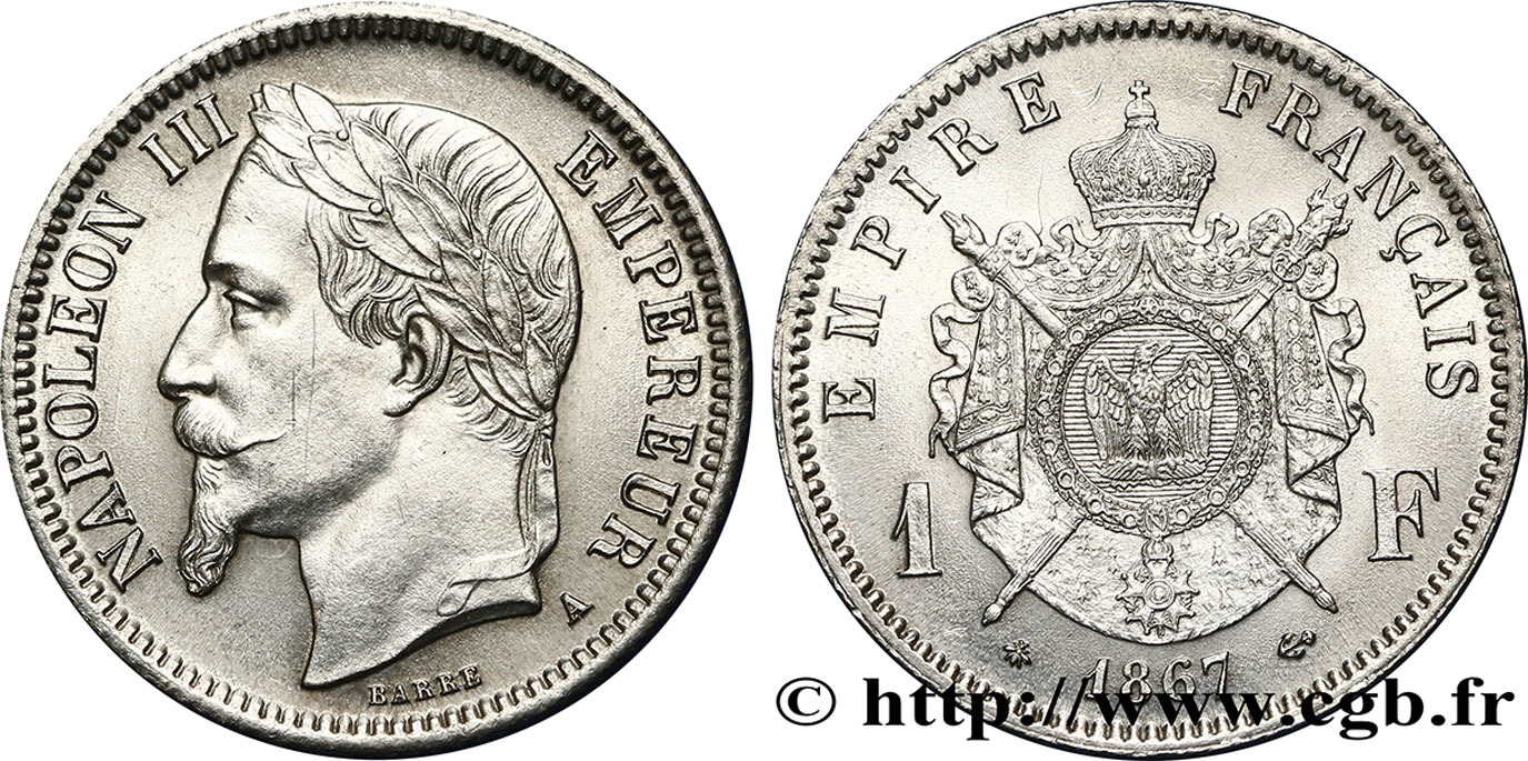 1 franc Napoléon III, tête laurée 1867 Paris F.215/6 SPL63