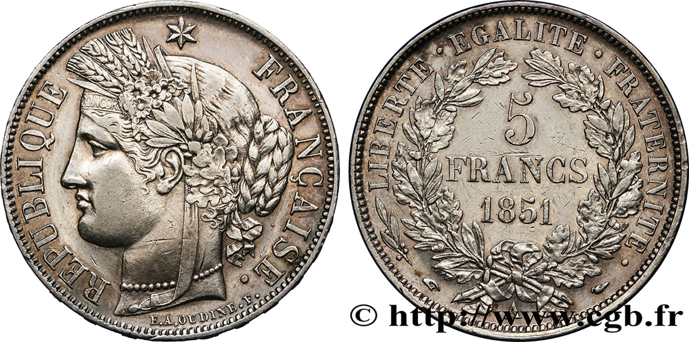 5 francs Cérès, IIe République 1851 Paris F.327/7 TTB54 