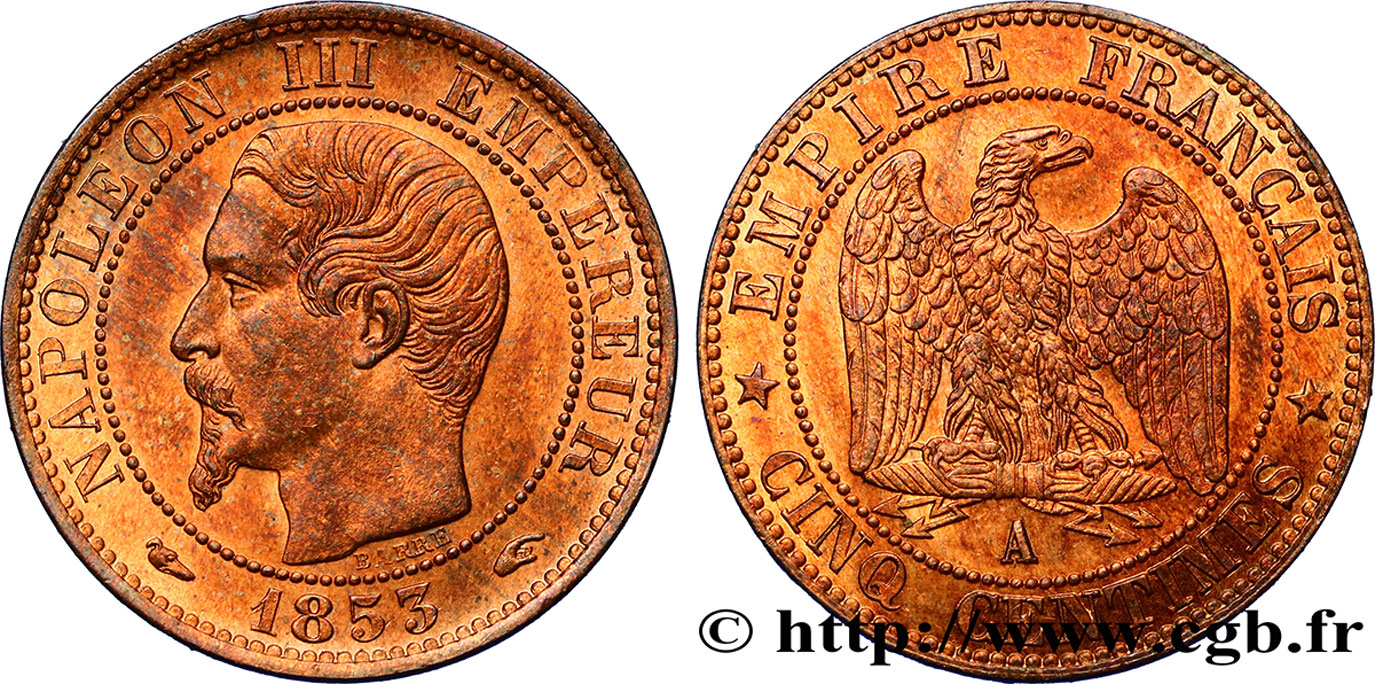 Cinq centimes Napoléon III, tête nue 1853 Paris F.116/1 SPL63 