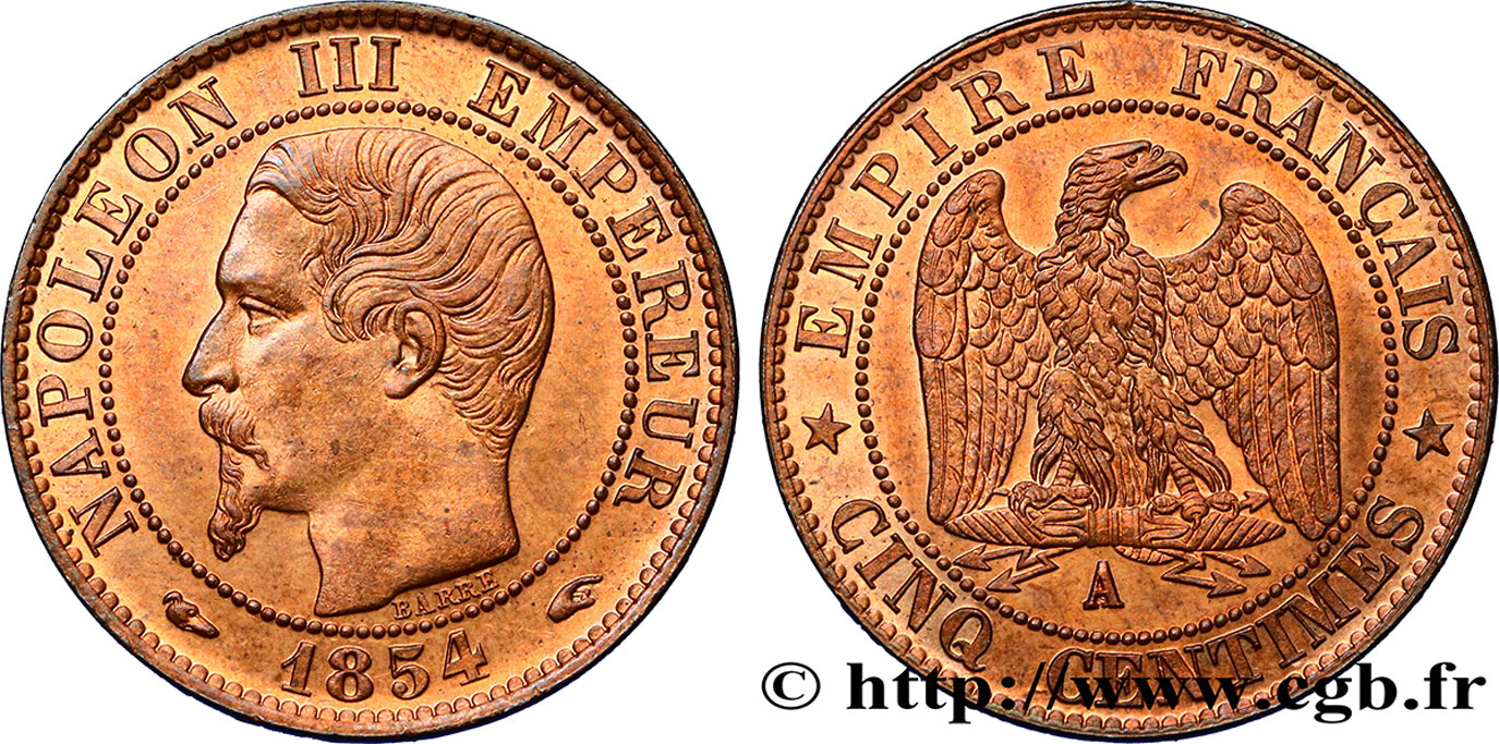 Cinq centimes Napoléon III, tête nue 1854 Paris F.116/8 MS64 