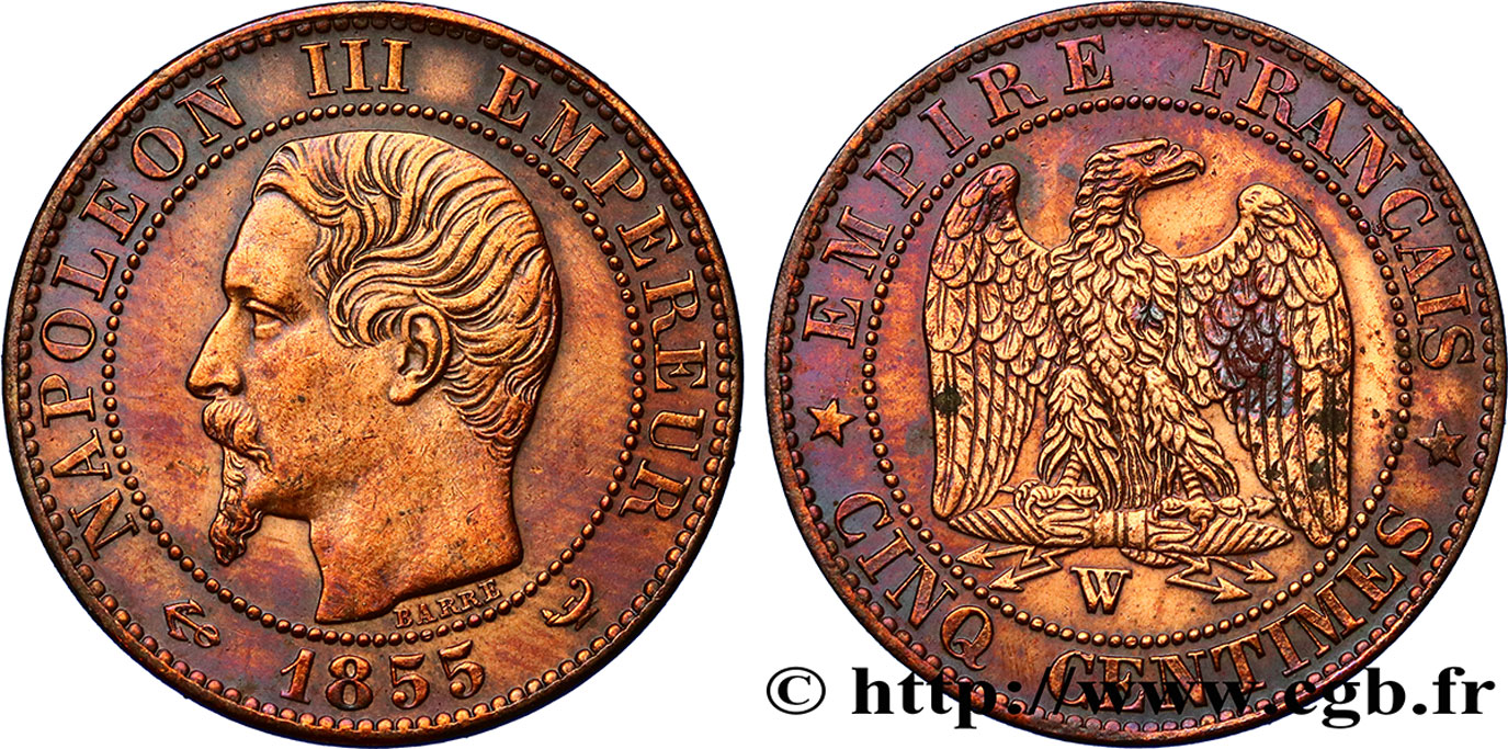 Cinq centimes Napoléon III, tête nue 1855 Lille F.116/29 TTB52 