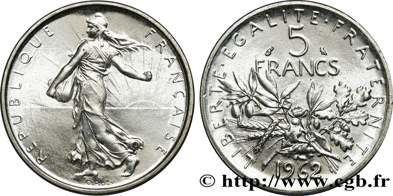 5 francs Semeuse, argent 1962 Paris F.340/6 MS65 