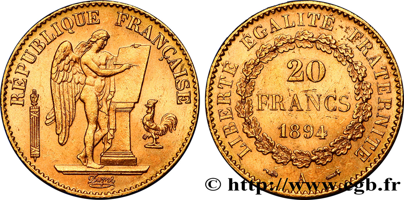 20 francs or Génie, Troisième République 1894 Paris F.533/18 AU58 