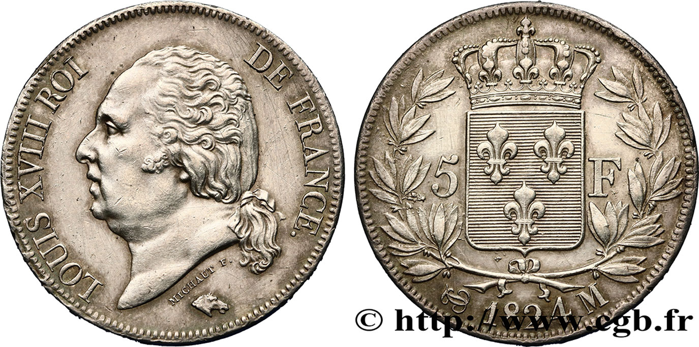 5 francs Louis XVIII, tête nue 1824 Toulouse F.309/95 AU 