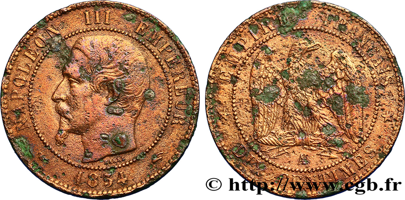 Dix centimes Napoléon III, tête nue 1854 Paris F.133/11 TB