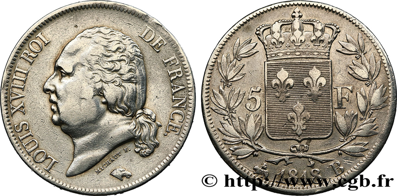 5 francs Louis XVIII, tête nue 1818 Rouen F.309/29 TB35 