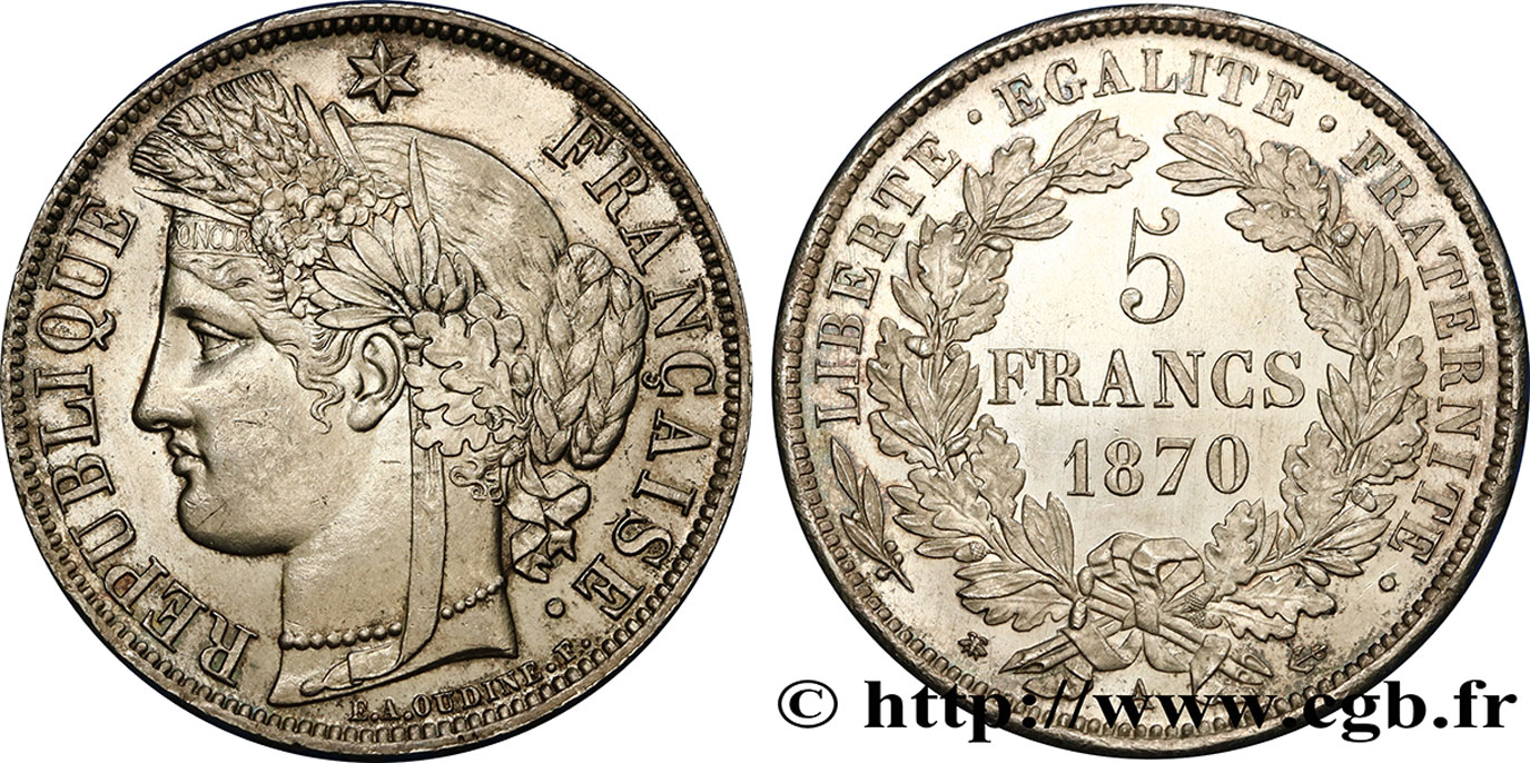 5 francs Cérès, avec légende 1870 Paris F.333/1 VZ60 