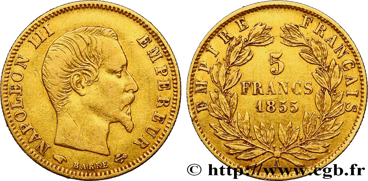 5 francs or Napoléon III, tête nue, grand module 1855 Paris F.501/1 VF35 