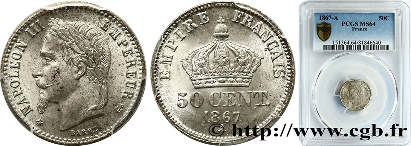 50 centimes Napoléon III, tête laurée 1867 Paris F.188/13 fST64 PCGS