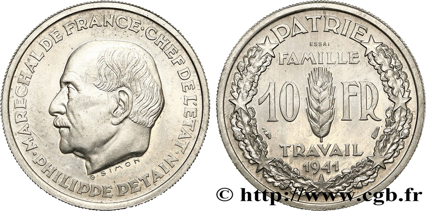 Essai de 10 francs Pétain en aluminium par Simon, poids lourd (3 g) 1941 Paris GEM.177 3 SPL63 
