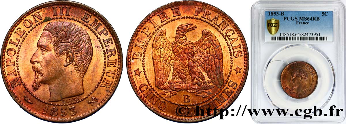 Cinq centimes Napoléon III, tête nue 1853 Rouen F.116/2 SPL64 PCGS