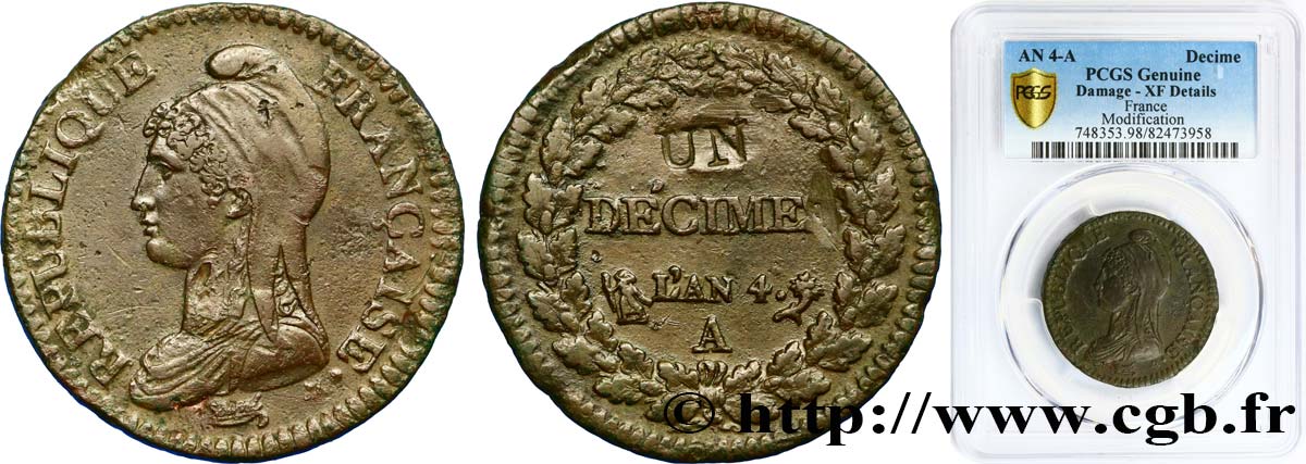 Un décime Dupré, modification du 2 décimes 1796 Paris F.127/1 BB PCGS