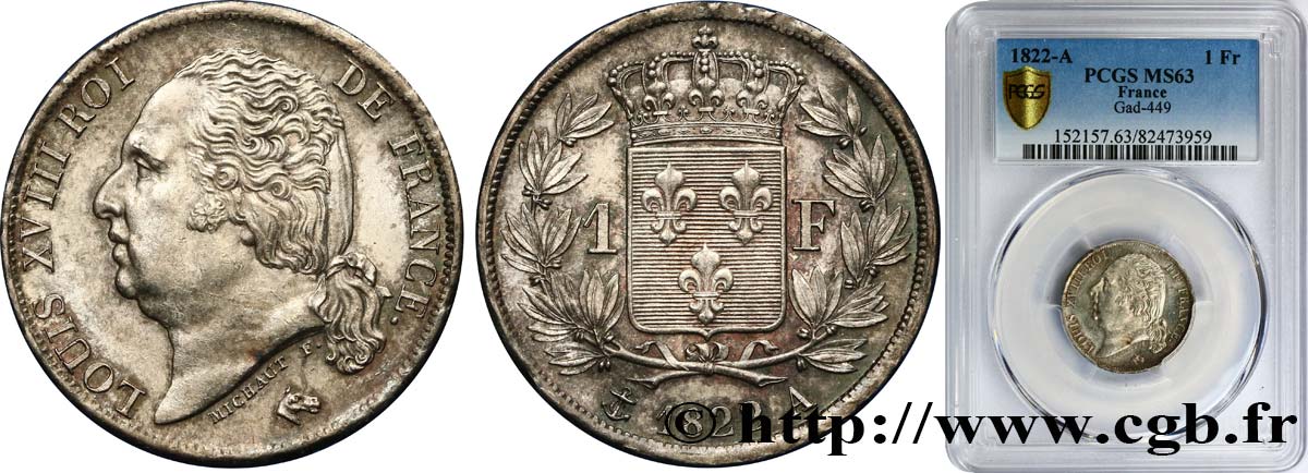 1 franc Louis XVIII 1822 Paris F.206/40 SPL63 PCGS