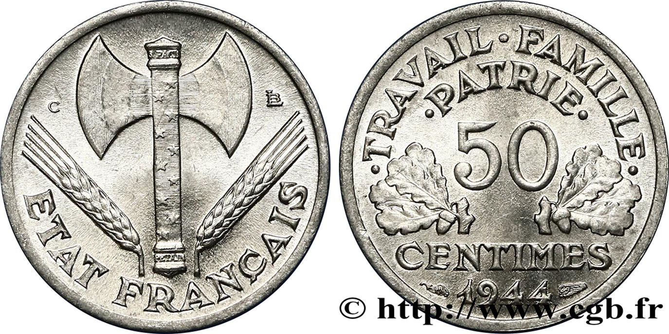 50 centimes Francisque, légère 1944 Castelsarrasin F.196/6 MS65 