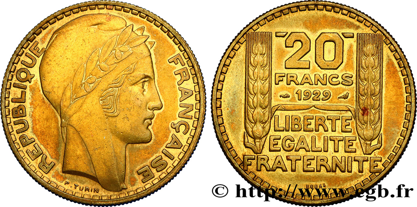 Essai de 20 francs Turin en bronze-aluminium 1929  GEM.199 5 SUP60 