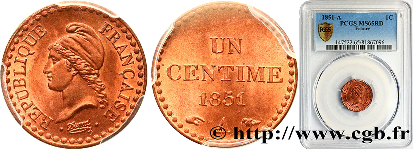 Un centime Dupré, IIe République 1851 Paris F.101/8 MS65 PCGS