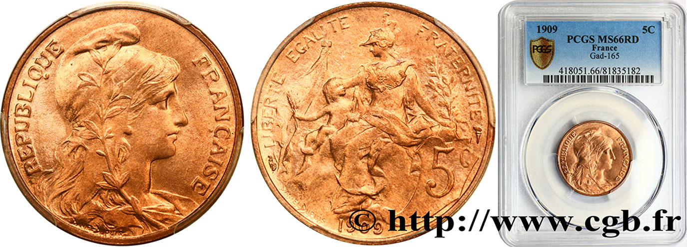 5 centimes Daniel-Dupuis 1909  F.119/20 MS66 PCGS